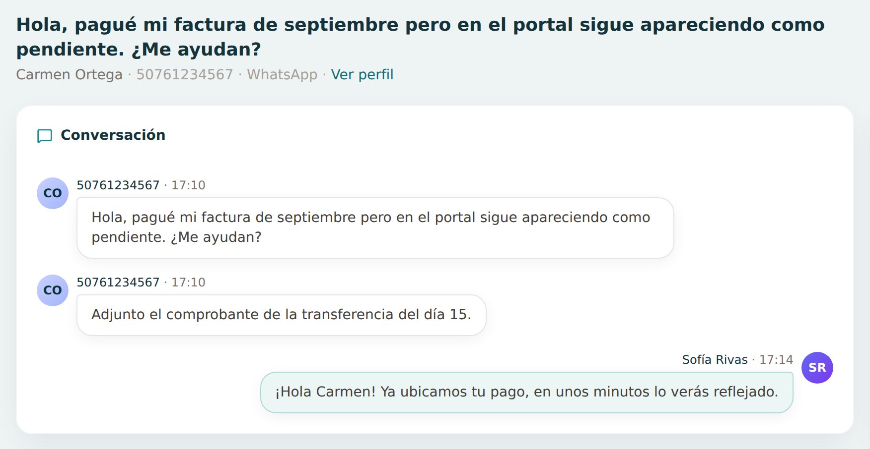 Un ticket que entró por WhatsApp, con la conversación y la respuesta del equipo