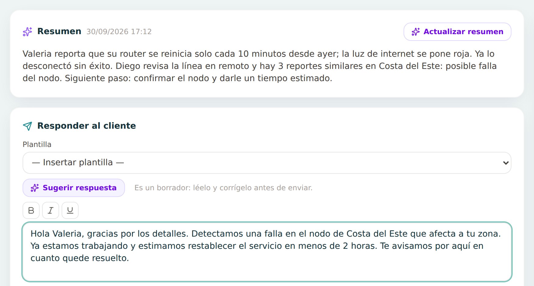 Resumen del caso hecho por la IA y una respuesta sugerida lista para revisar